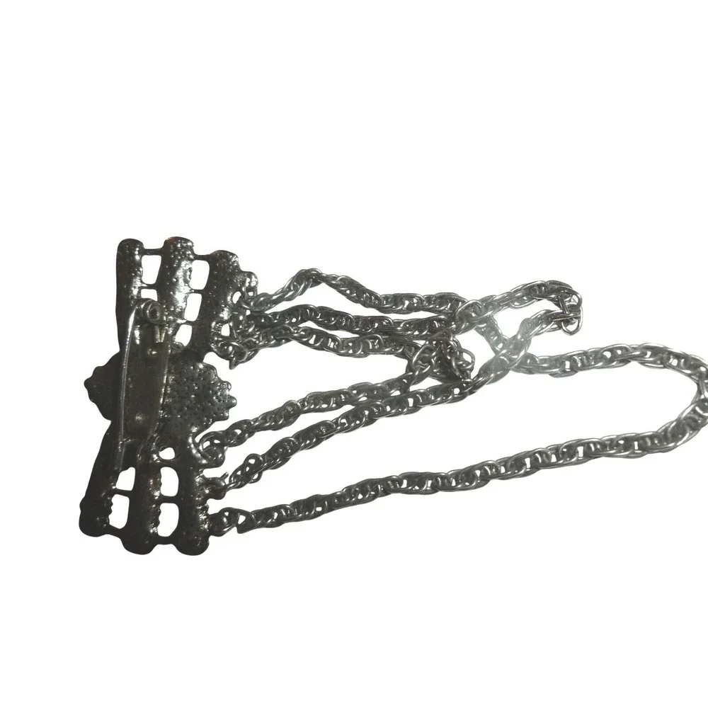 Vintage Silver Tone Bow Brooch‎ with Draping Chains and Faux Moonstone Cabochon